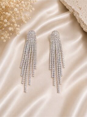 Silver Rhinestone Crystal Tassel Drop Earrings | Sparkly Statement Earrings